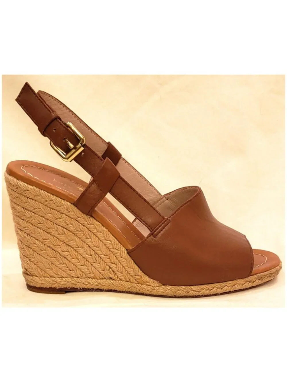 Kate Spade New York Espadrille Wedge Sandals Size 7M Cognac/Brown Leather